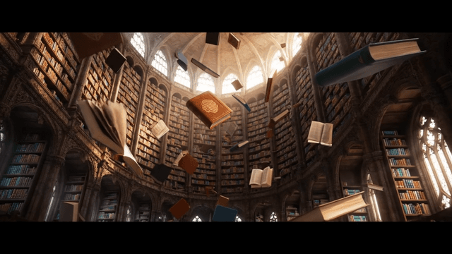 A colossal, ancient library with impossibly high shelves, where books fly and pages turn on their own. Audio: the rustle of thousands of pages turning, the soft whoosh of flying books, distant, echoing whispers, a grand, magical orchestral piece with swirling harps and enchanted woodwinds.