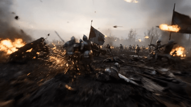 First-person view soaring low over a medieval battlefield at dawn, gliding past clashing knights in armor, fire-lit arrows whizzing overhead, splintered catapults burning near fallen soldiers, flying inches above torn flags and mud-soaked ground, ambient sounds of swords striking, war cries, galloping hooves, and wind rushing in your ears, raw, terrifying, epic