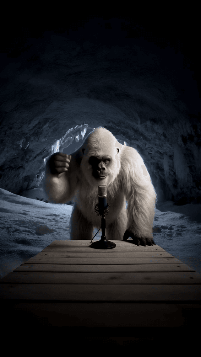 A snowy mountain cave in the late evening. A Yeti, filling the frame, with surprisingly delicate movements, adjusts a high-quality, unbranded condenser microphone. The focus is on the Yeti's hands and the microphone. The Yeti is whispering, recording an ASMR video, explaining an ASMR technique. As it explains, the Yeti demonstrates by holding a large chunk of ice close to the microphone and gently crunching it, emphasizing the crisp sounds. The sound of the ice crunching should be prominent and clear.